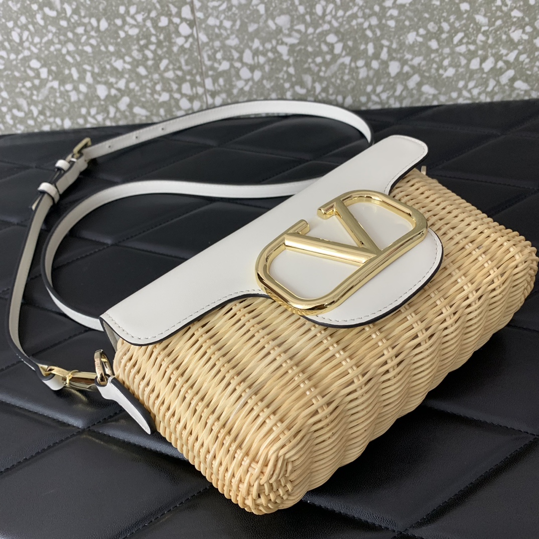 Valentino Garavani Loco Small Shoulder Bag in Ivory Woven Synthetic Wicker 